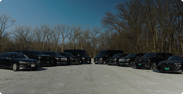 A lineup of black SUVs parked on a snowy road under a clear blue sky.