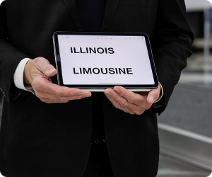 Driver holding tablet sign "Illinois Limousine