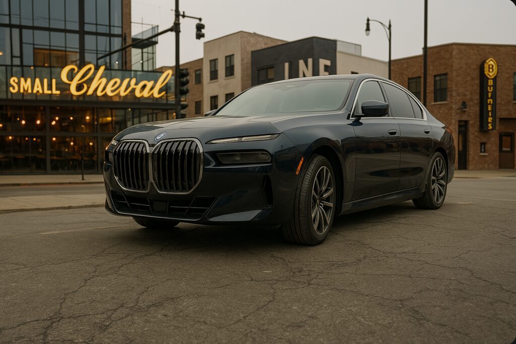 A sleek black luxury sedan parked on an urban street.