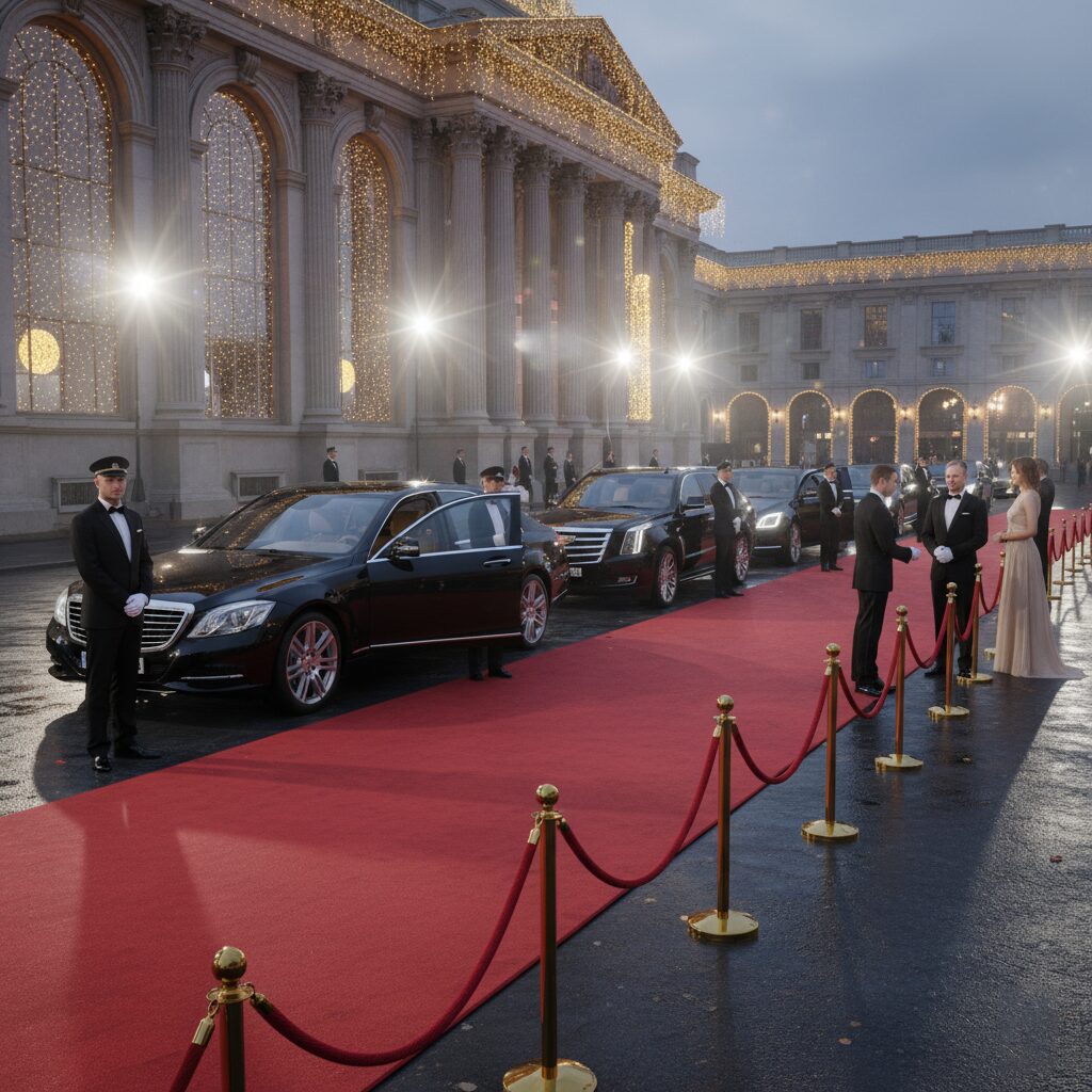 Guests arriving at a grand event on a red carpet outside an elegant building.
