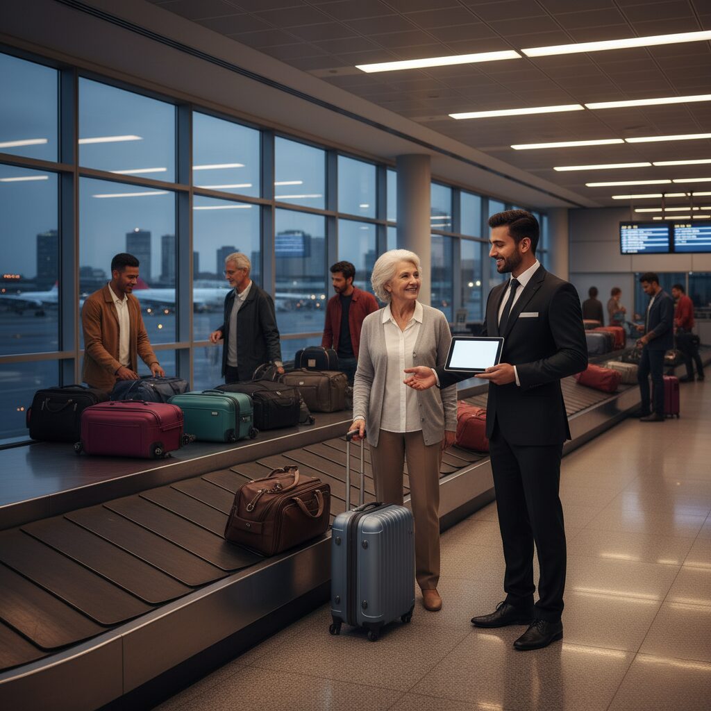 Business travelers chatting near airport luggage carousel.