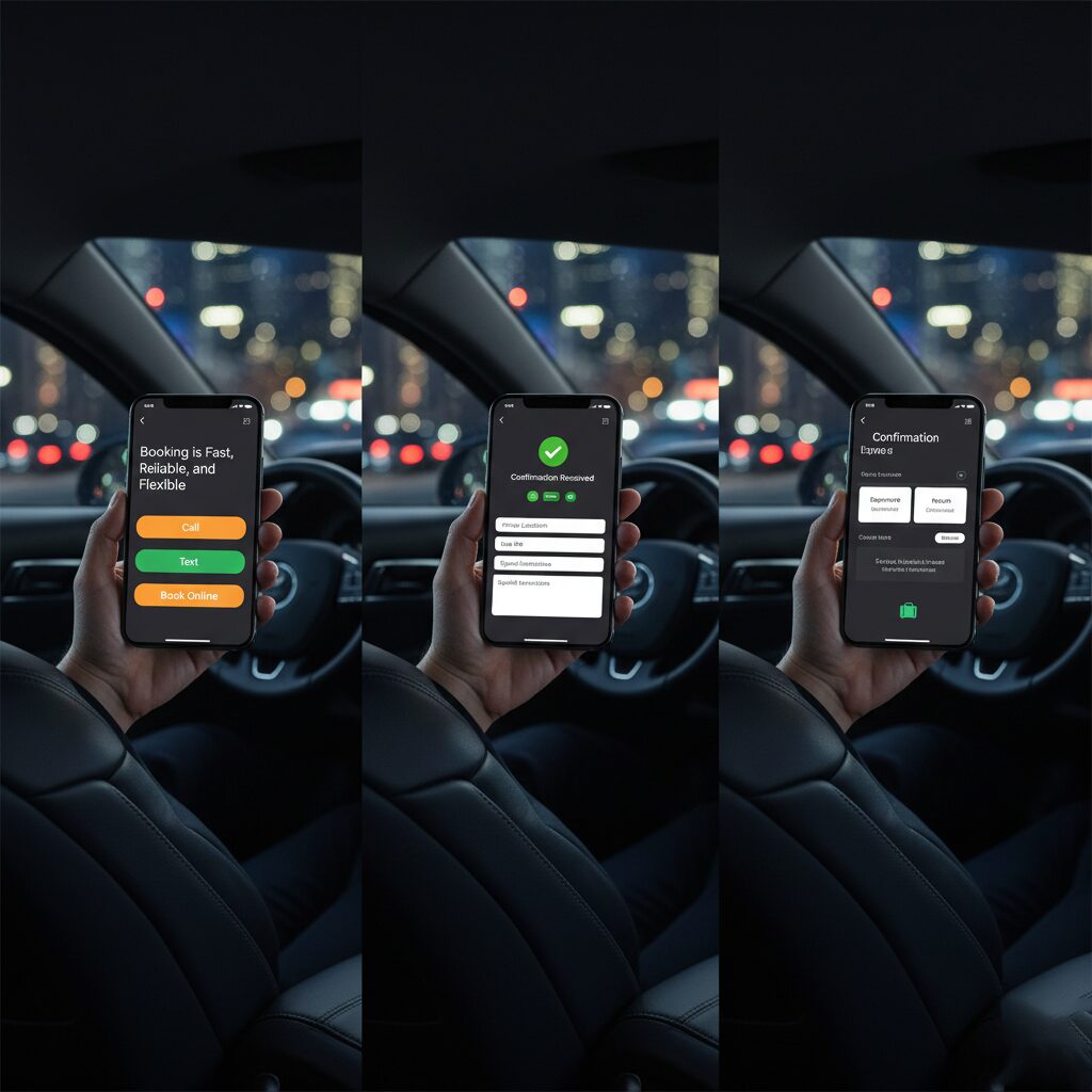 Driver interacting with a phone app inside a car at night.