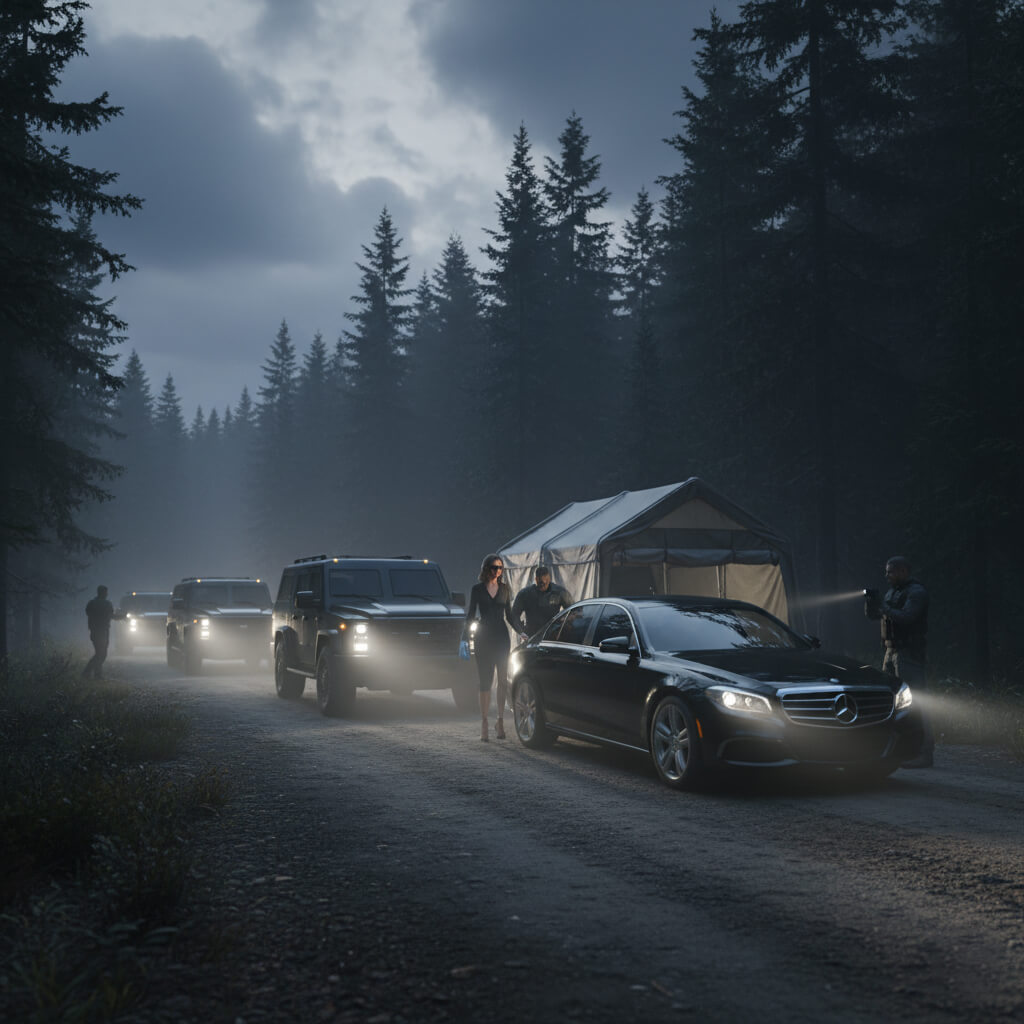 A convoy of cars with headlights on driving through a foggy forest at night.