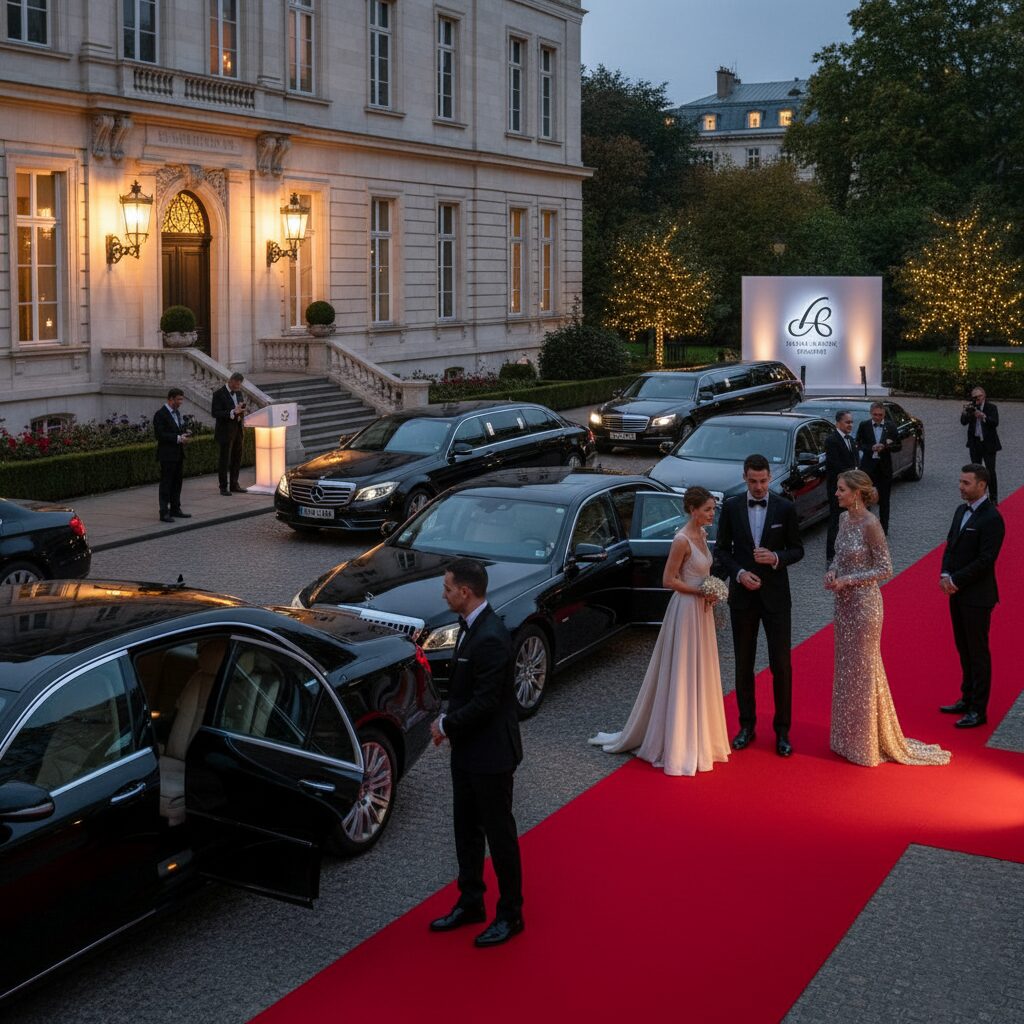 Elegant guests arriving at a formal event with luxury cars and a red carpet.