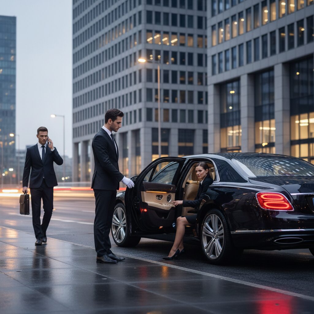 A man opens a luxury car door for a woman in a city setting at dusk.