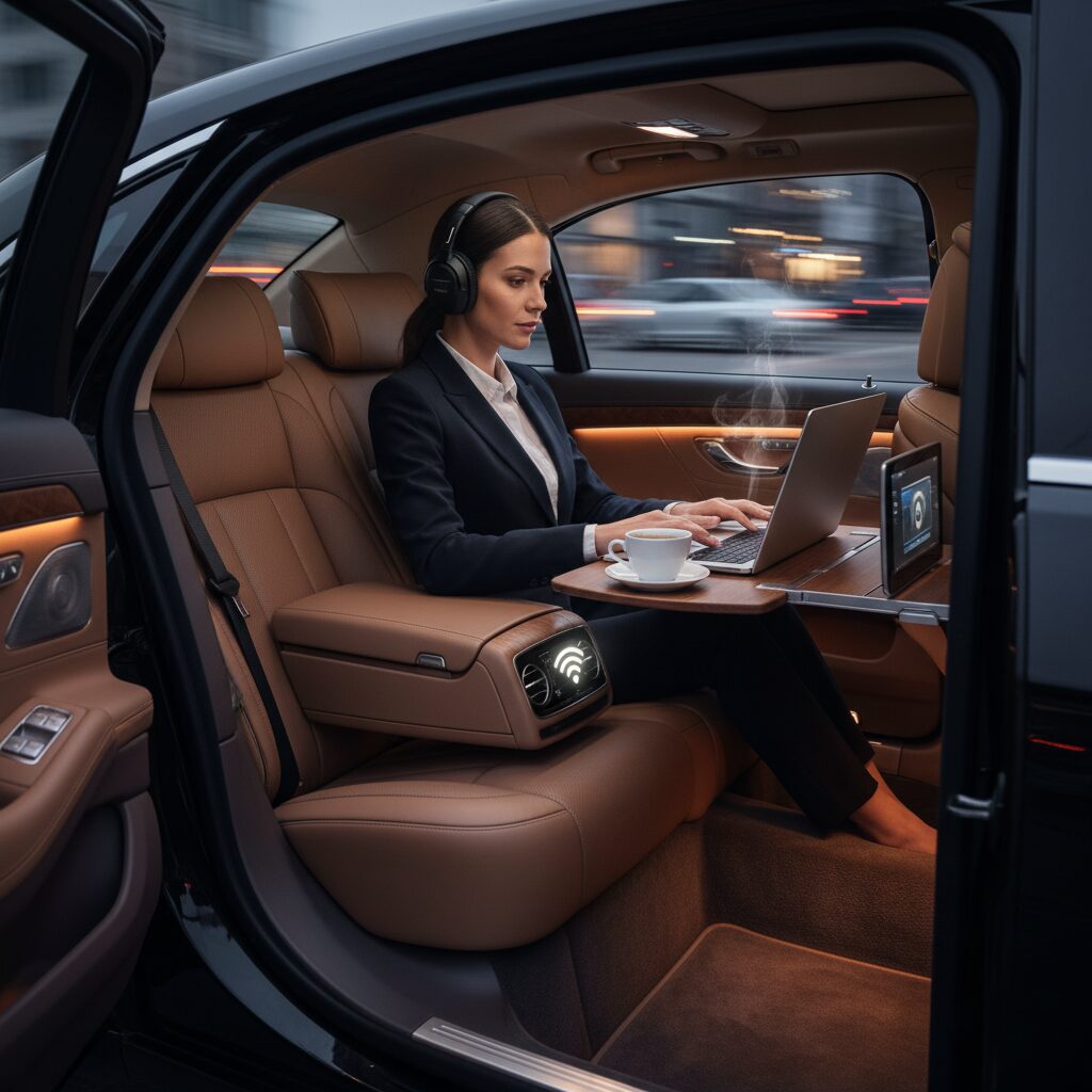 Businesswoman working on laptop inside luxury car's spacious backseat.