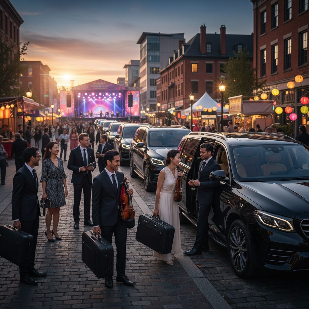 People in wedding attire walking through a lively city street at sunset.