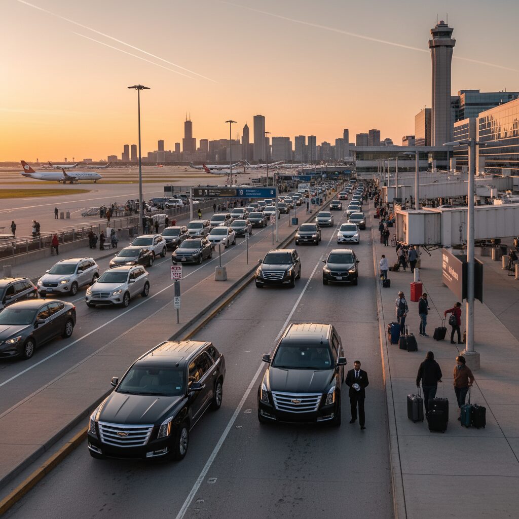 Sunset traffic on a busy city street with pedestrians walking alongside.