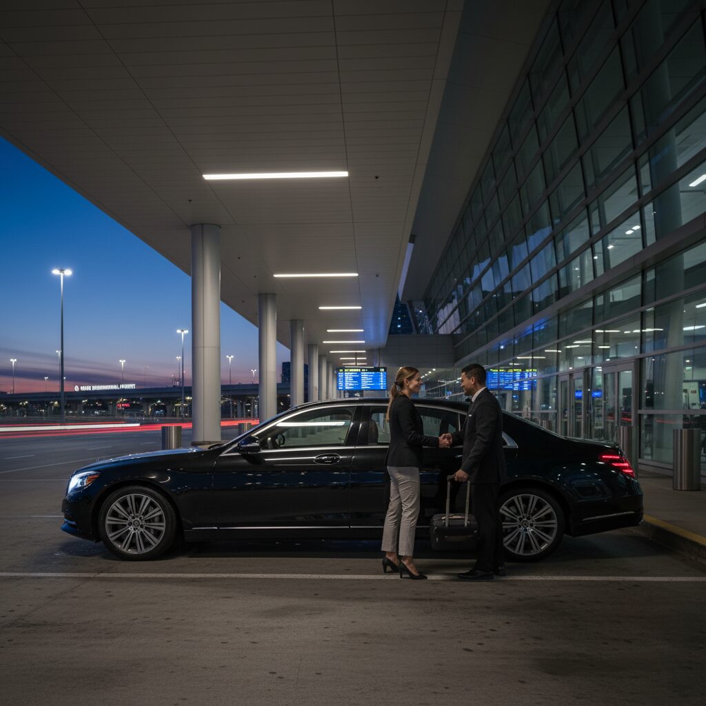 A person standing beside a black luxury car at an airport terminal during twilight.