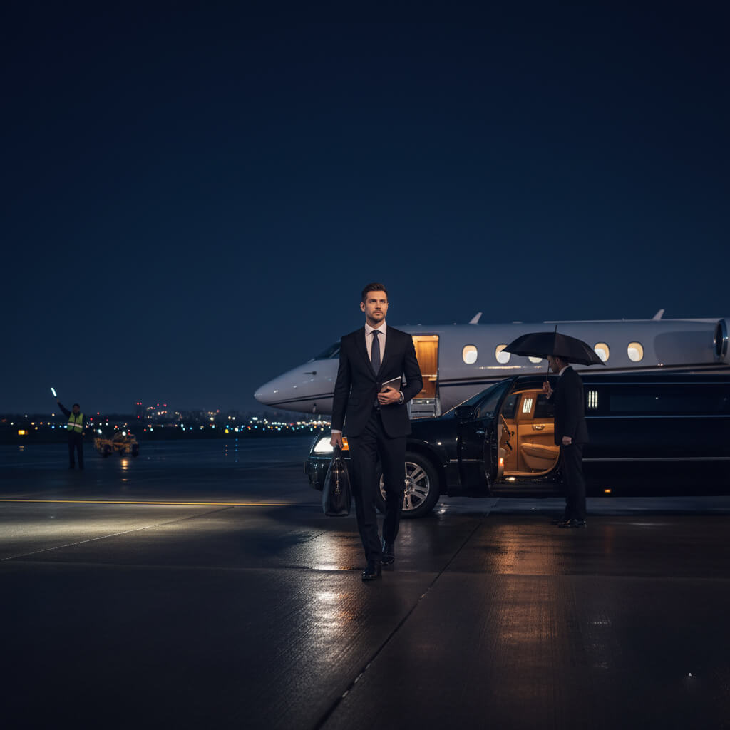 Man in a suit walking away from a private jet at night.