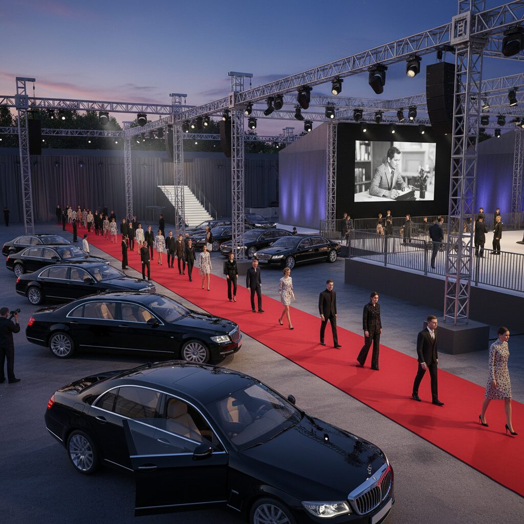 People walk the red carpet at a luxury car event during dusk.