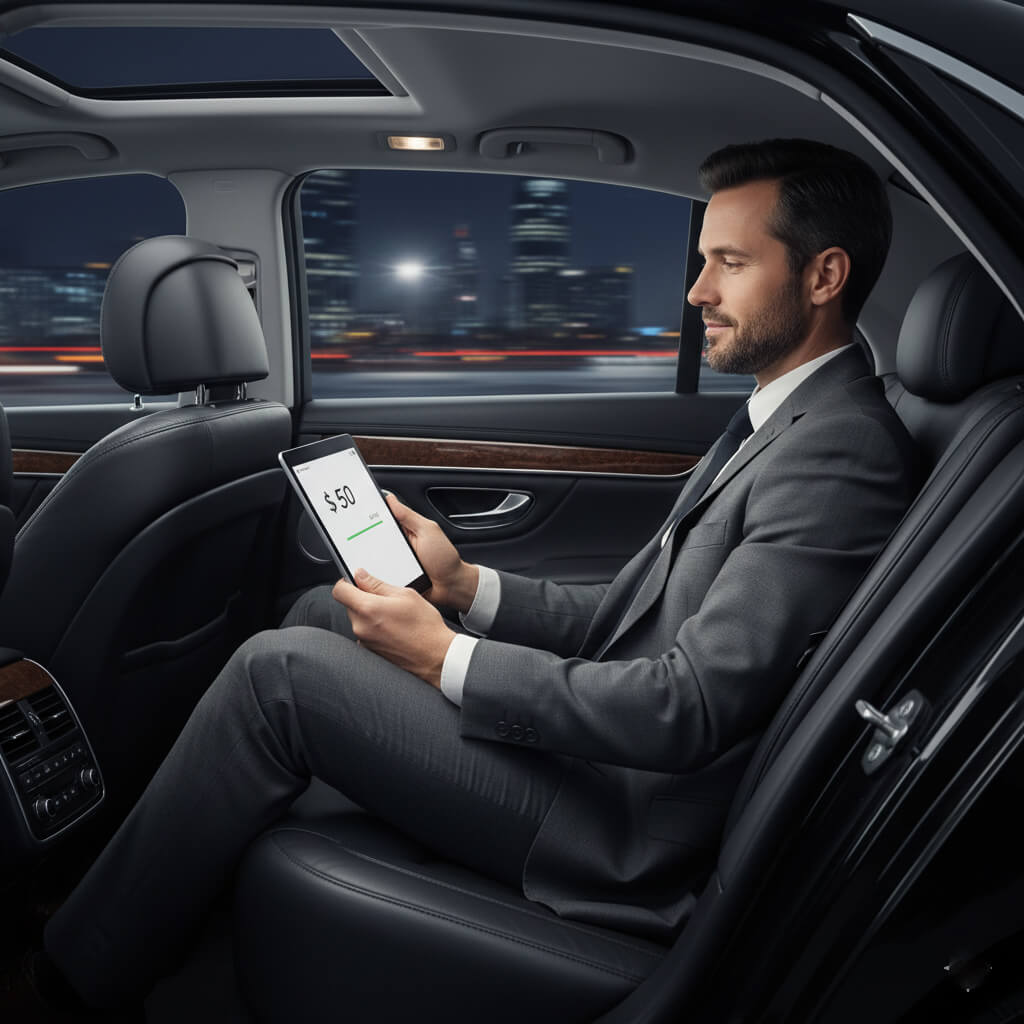 A businessman reading from a tablet while riding in a car's backseat.