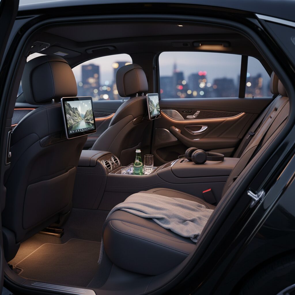 Luxurious car interior with spacious leather seats and entertainment screens.