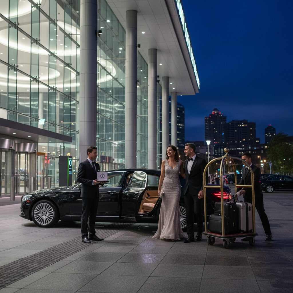 People dressed formally outside a modern glass building at night.