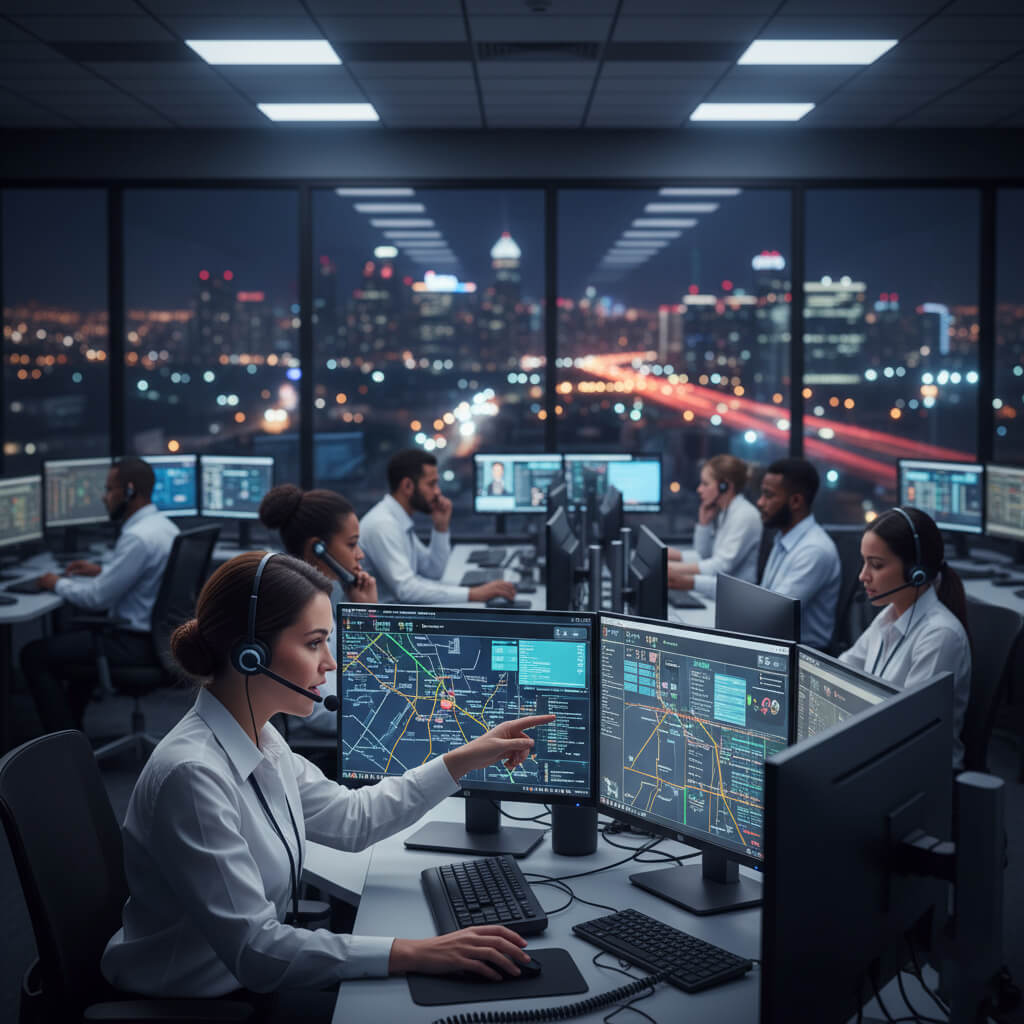 Call center agents working during the night with a city view.