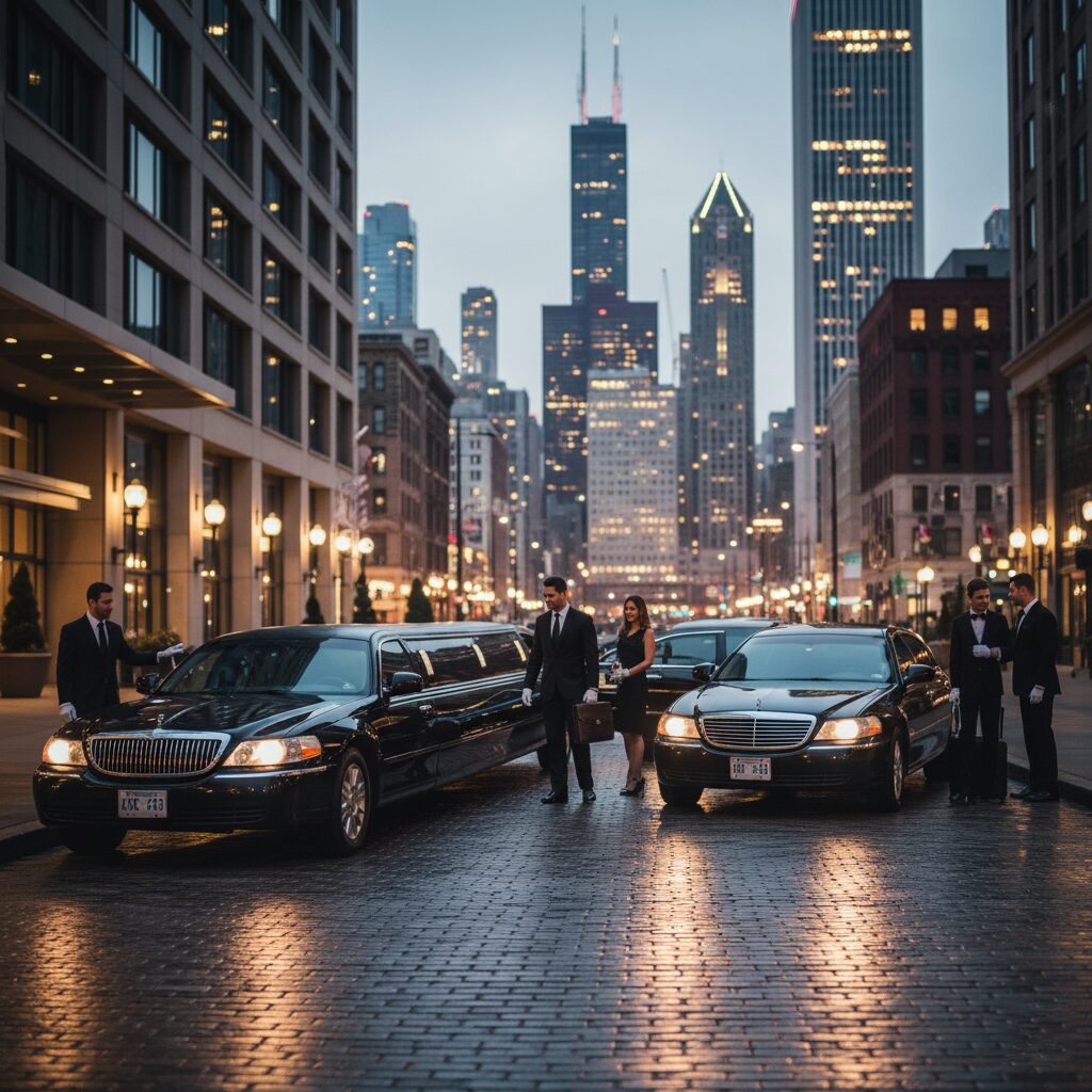 Two luxury cars parked on a city street at dusk with skyscrapers in the background.