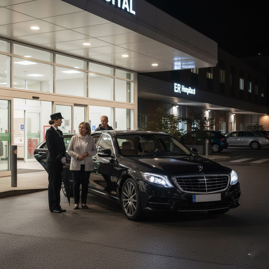 People standing by a luxury car outside a hospital at night.