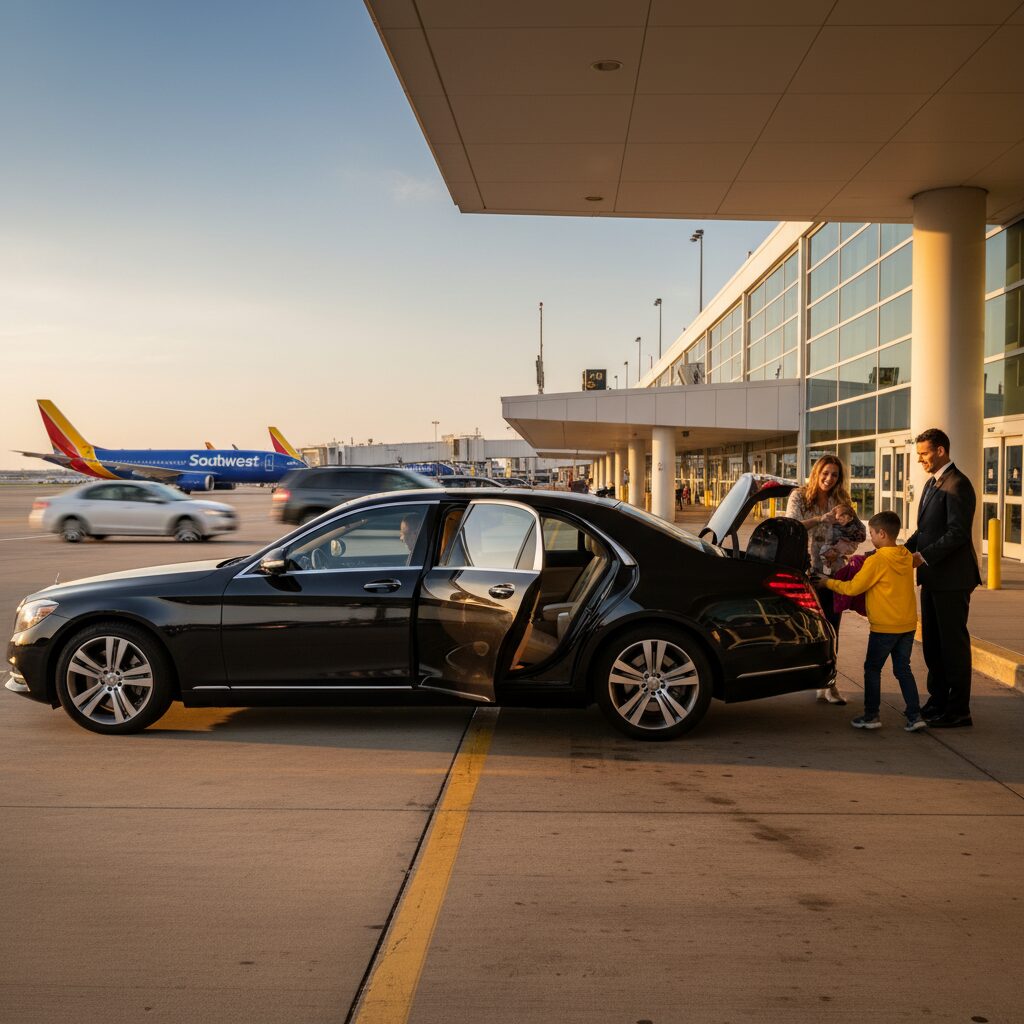 Luxury car picking up passengers at airport terminal.