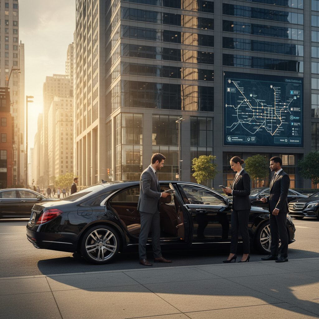 Business professionals arriving at a modern city intersection during sunset.