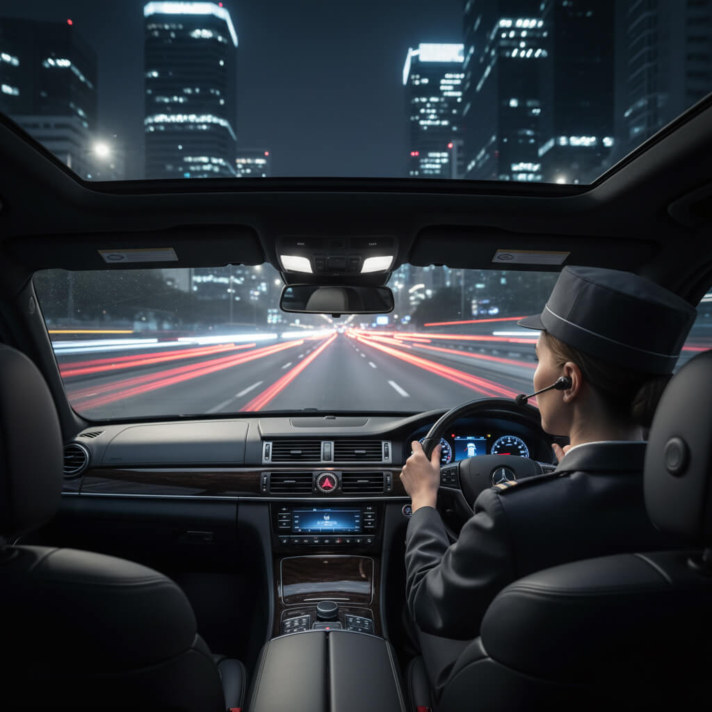 Driver navigating a city at night from inside a car with illuminated skyline.
