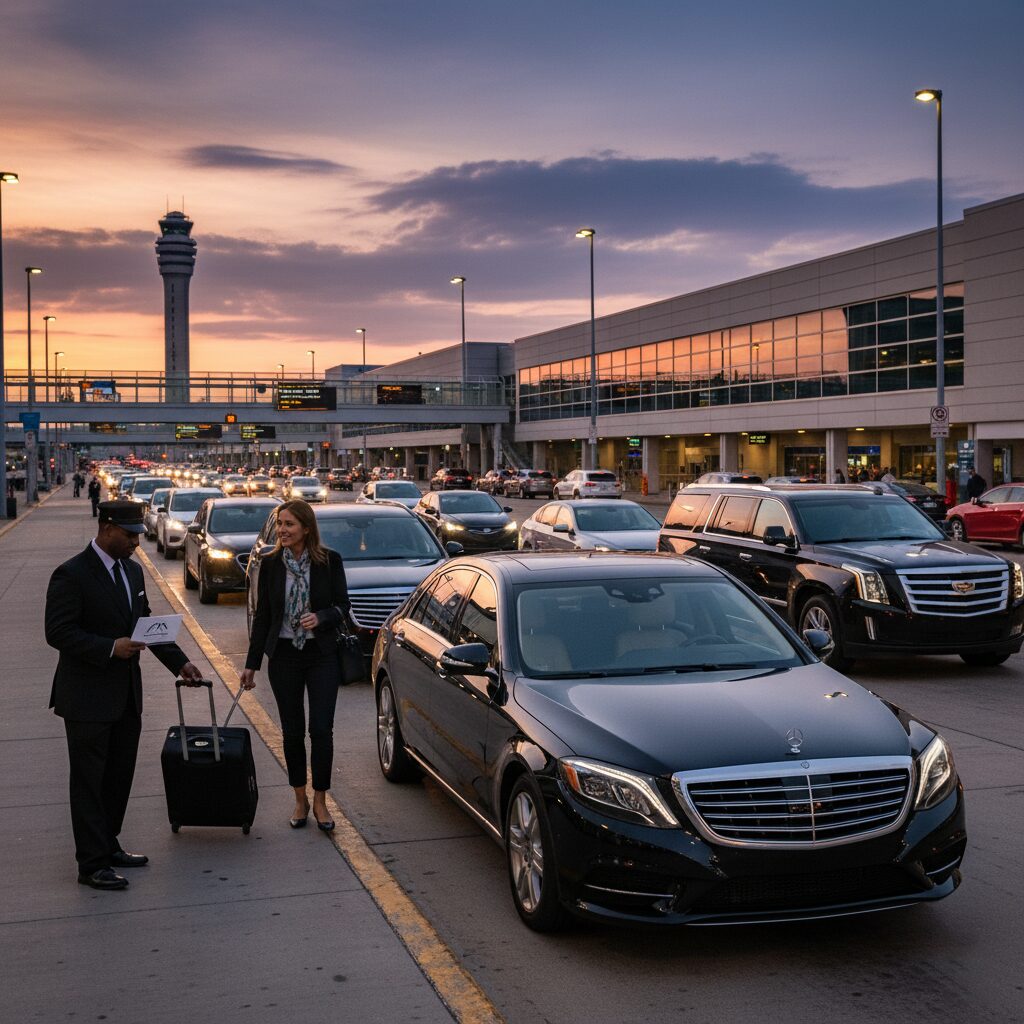 Chauffeur greeting a traveler at an airport curb as part of Luxury Airport Transfers, guiding her toward a black sedan during busy evening traffic.