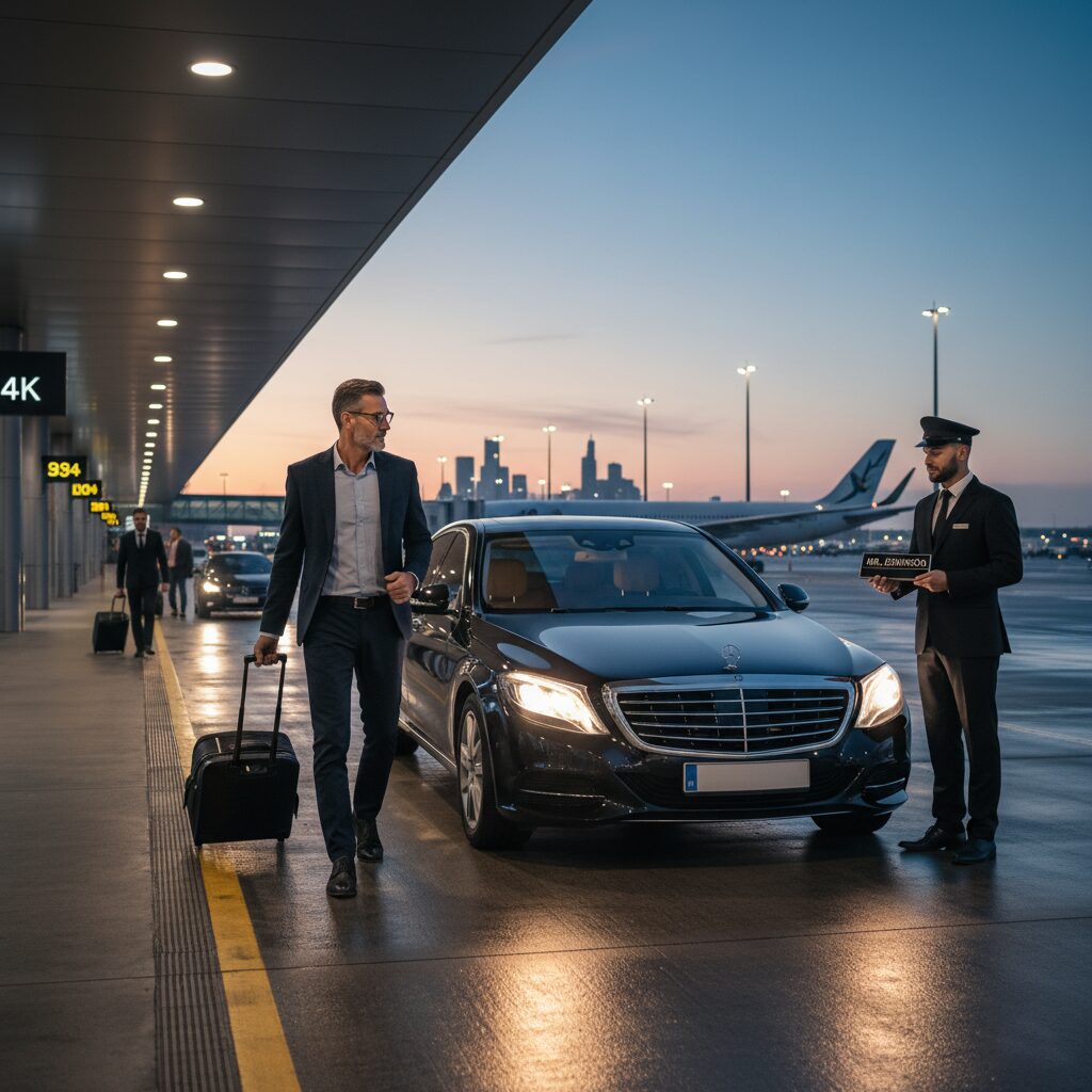 Businessman arriving at airport, greeted by chauffeur and luxury car.