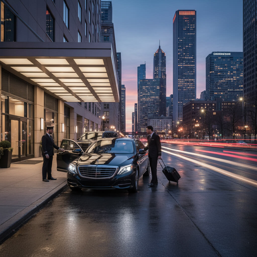 A luxury car with valet service in a city at dusk.