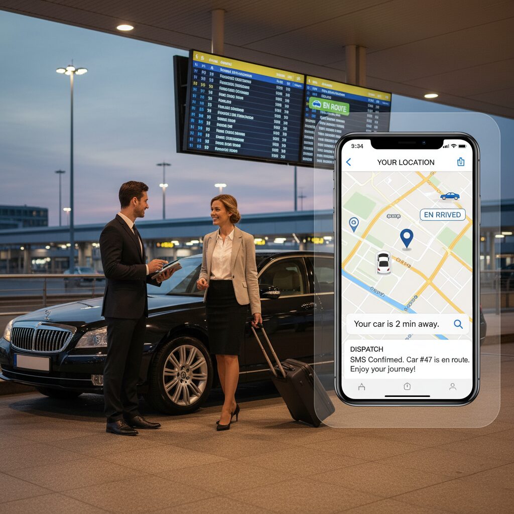 Two business professionals discussing near a luxury car at the airport with a ride-hailing app on phone.