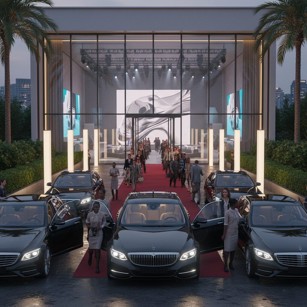 Luxury cars with umbrellas at a grand, modern entrance with chandeliers and palm trees.