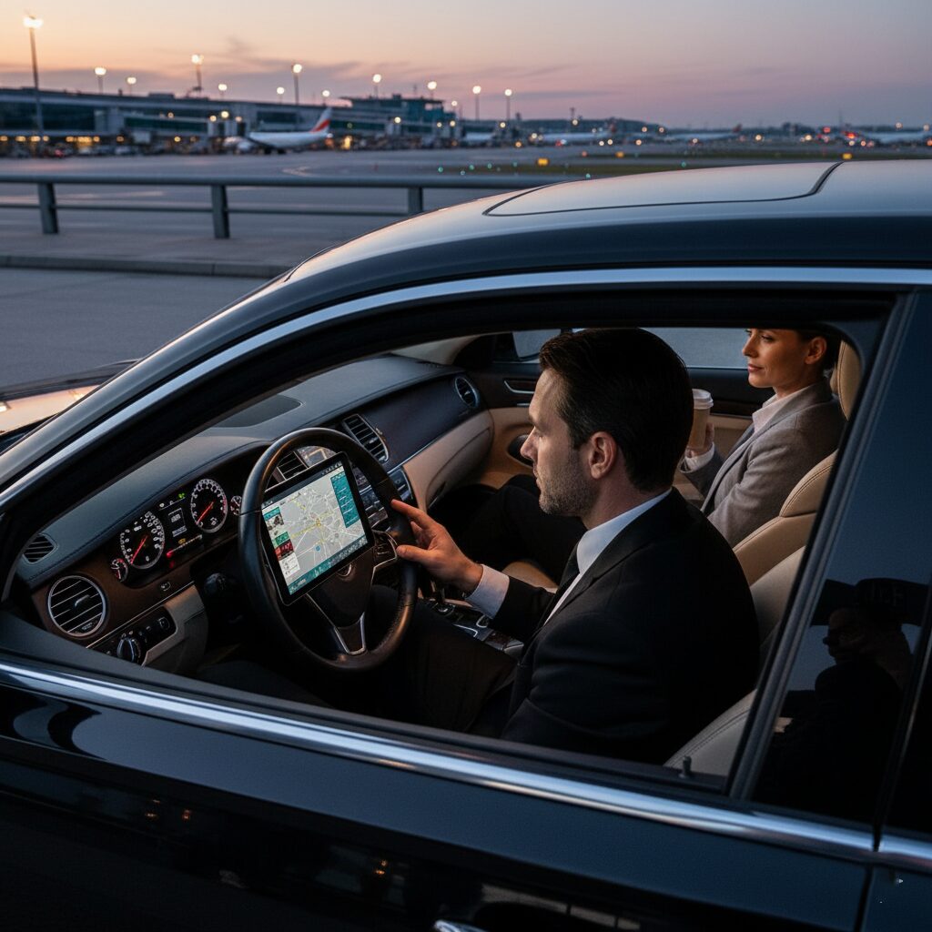 Two men in a luxury car using a tablet at sunset.