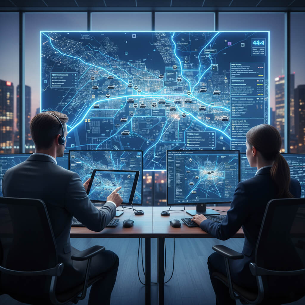 Two analysts monitor city data on multiple screens in a high-tech control room.