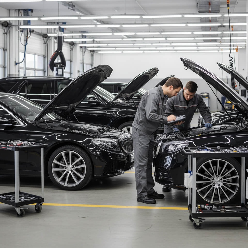 Two mechanics working on car engines in a busy garage.