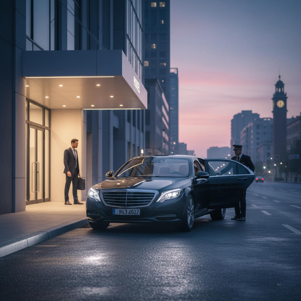 A man opens a luxury car door on a city street at dusk.
