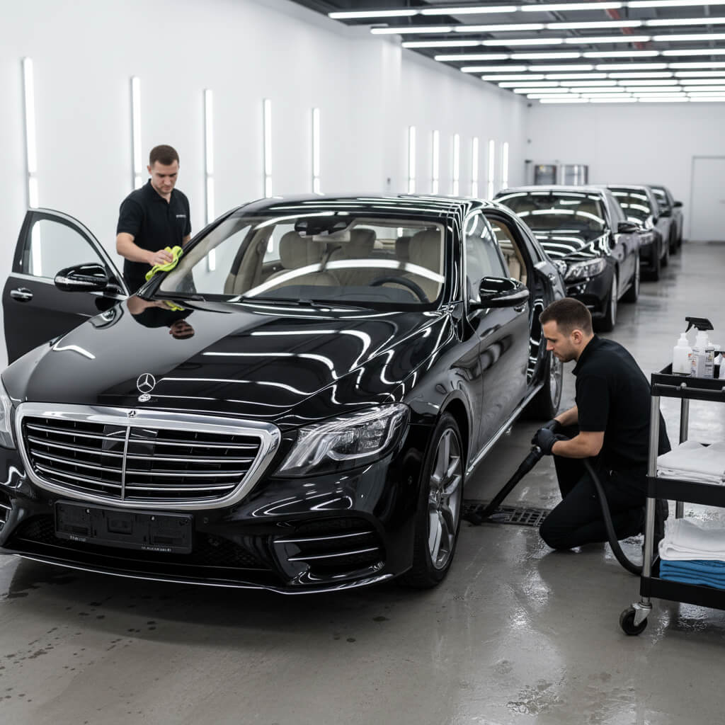 Technicians inspecting a black luxury car in a modern workshop.