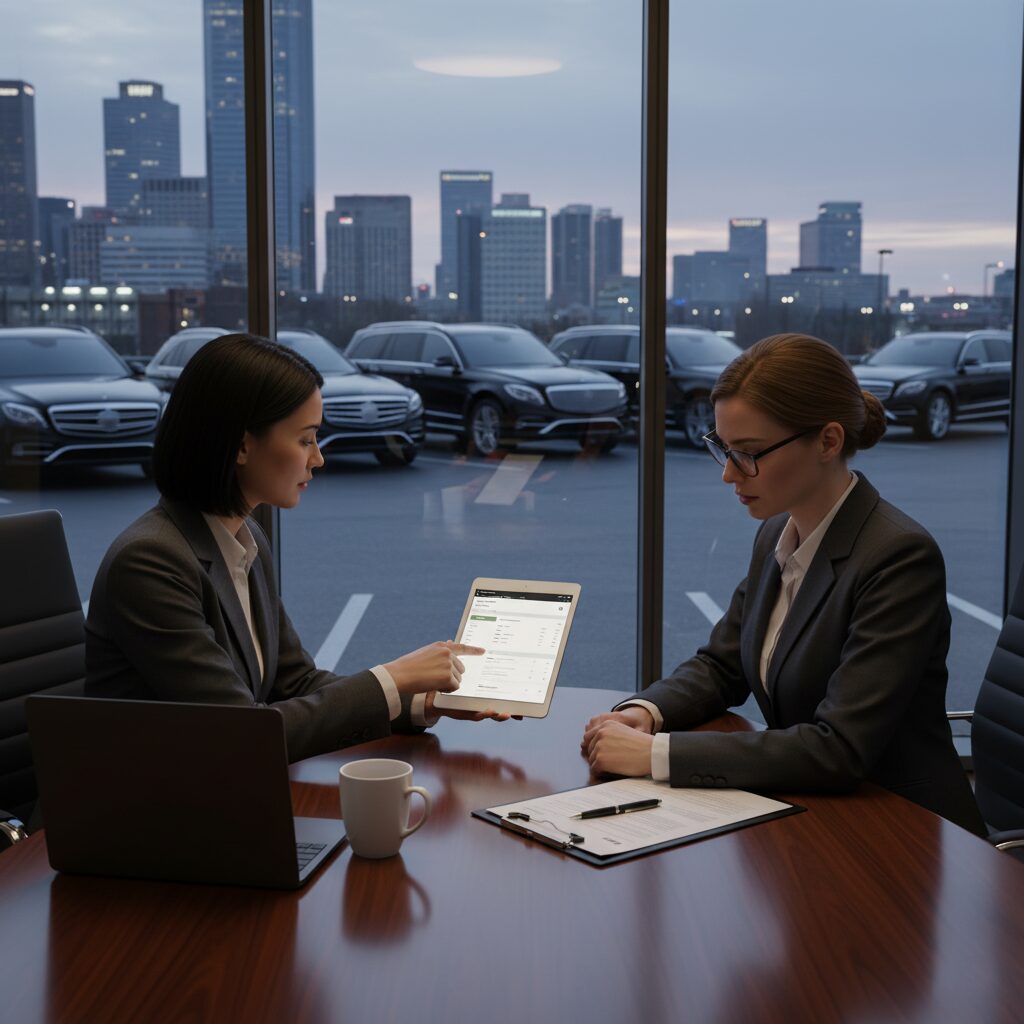 Two business professionals discussing work at a conference table with city skyline view.