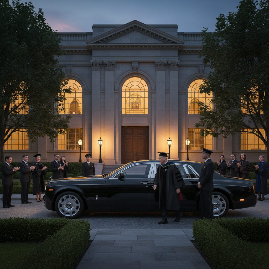 A man standing beside a luxury car outside an illuminated mansion at dusk.