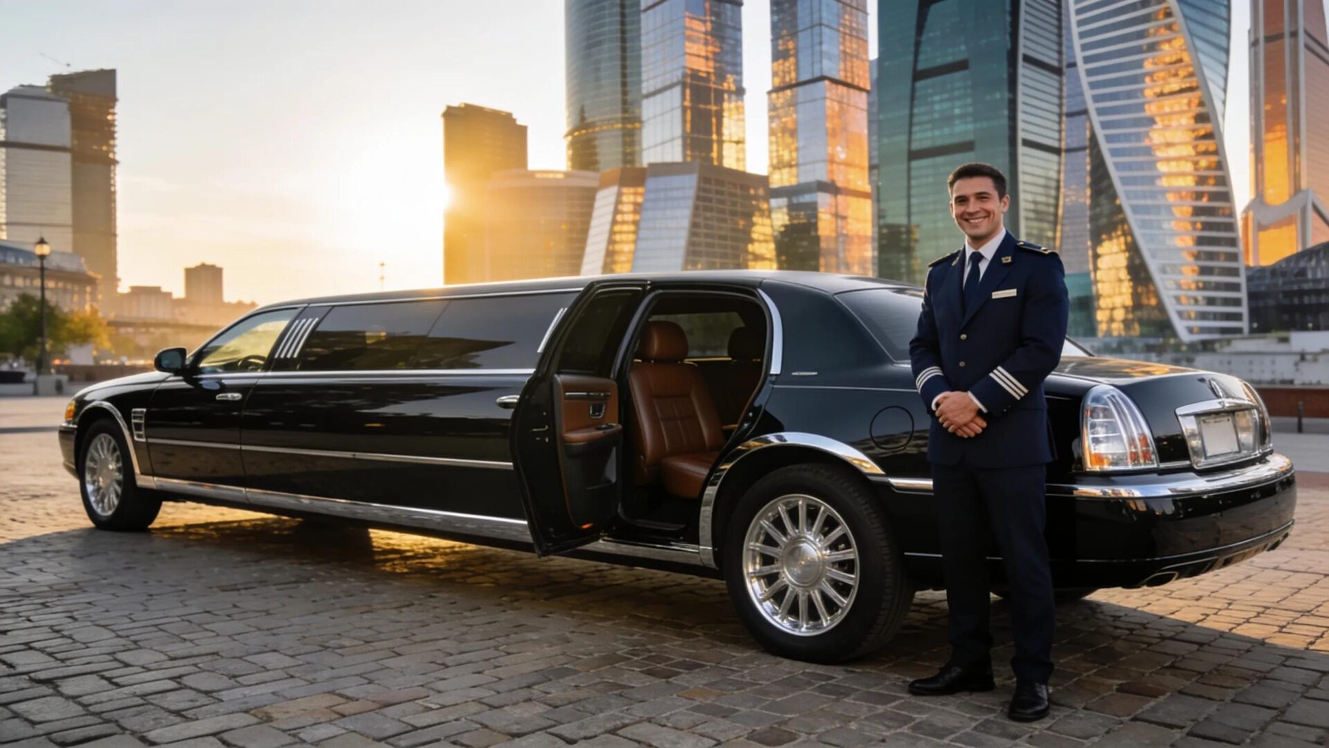 Luxury limousine showcasing executive transportation service in an upscale urban setting
