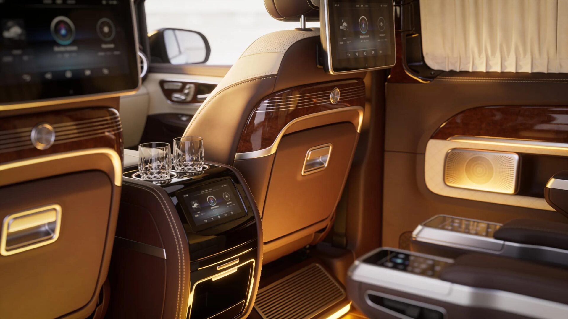 Interior of a luxury vehicle highlighting premium amenities and comfort features for clients