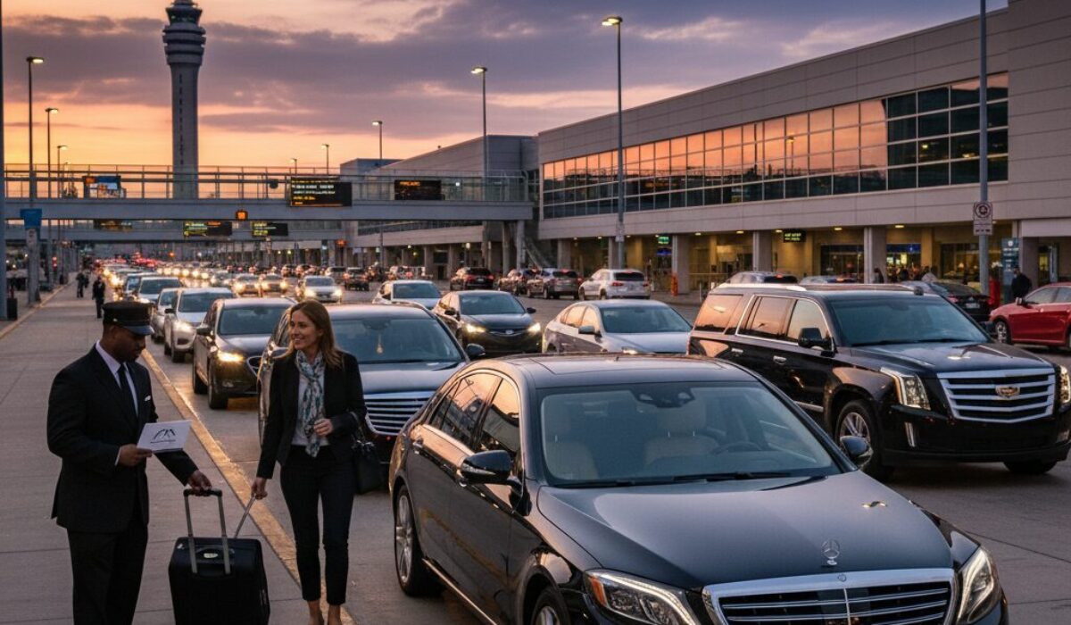 Chauffeur greeting a traveler at an airport curb as part of Luxury Airport Transfers, guiding her toward a black sedan during busy evening traffic.